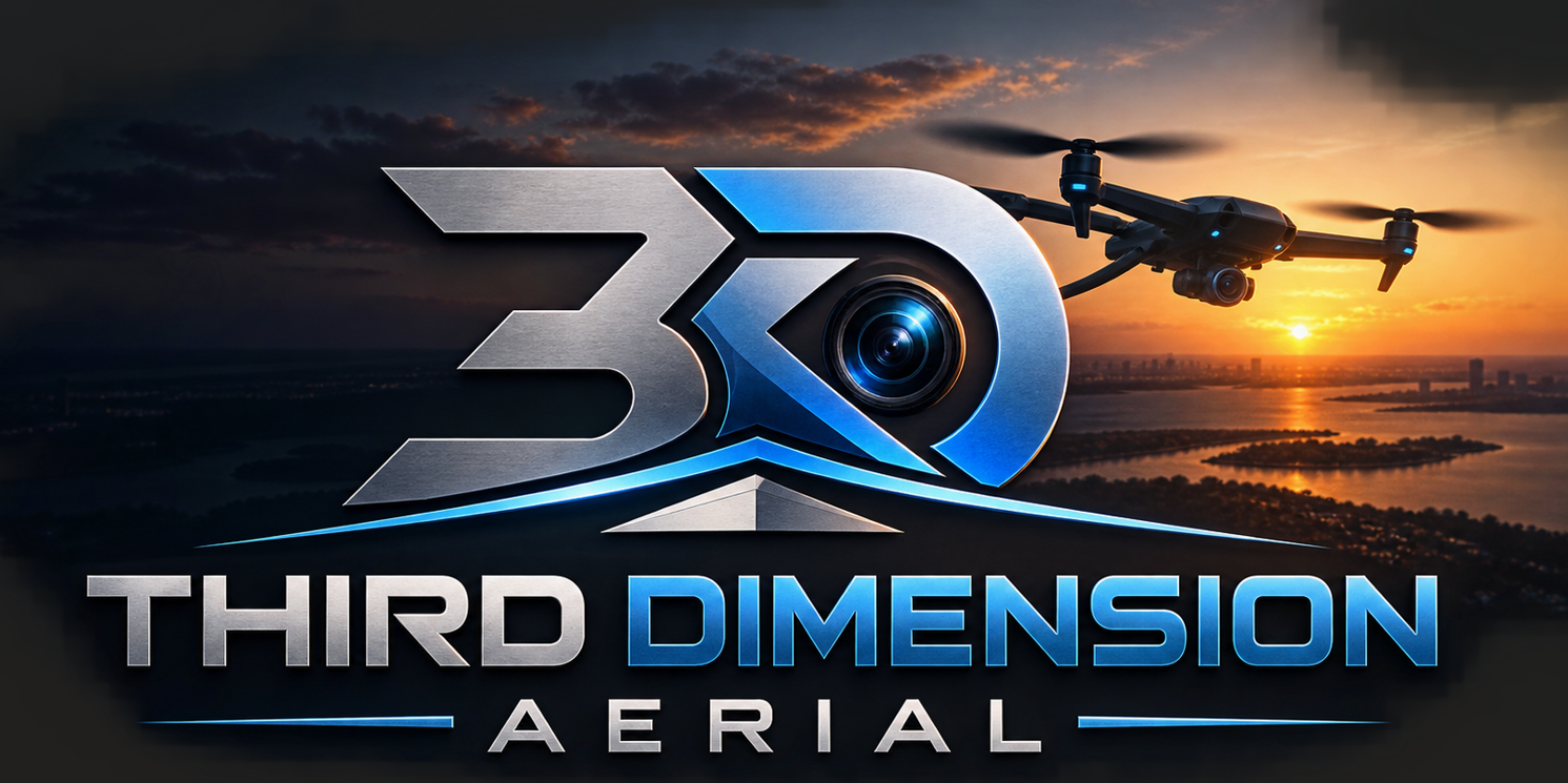 Third Dimension Aerial blue and silver logo with a drone above a coastal sunset